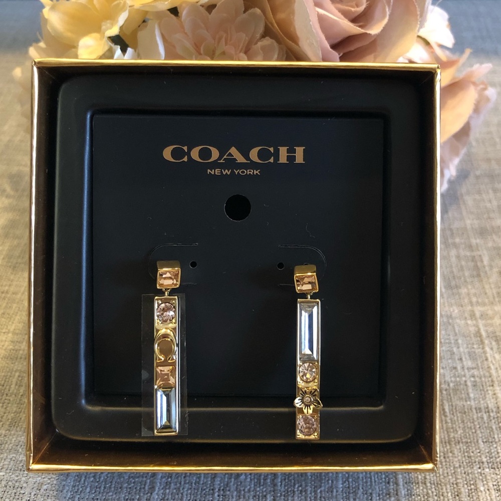 NWT COACH CRYSTAL BAR DROP EARRINGS IN GOLD
